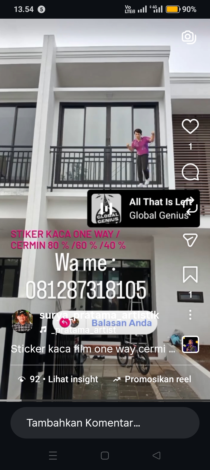 Pemasangan stiker kaca film one way gedung Depok